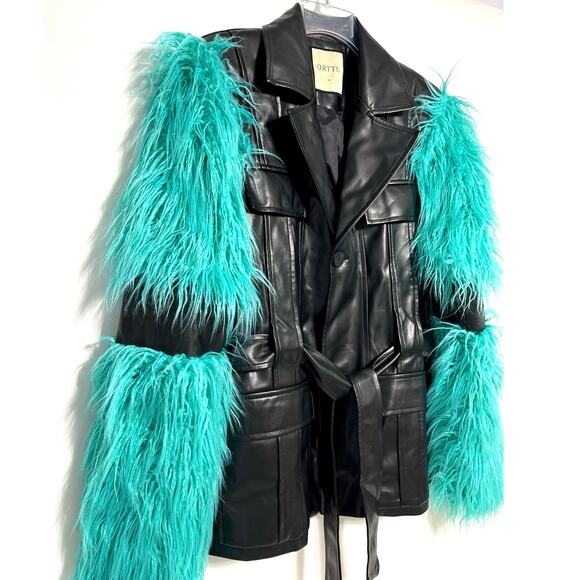 Orttu Freddie Jacket Military Style Faux Fur Black Vegan Faux Leather Aqua Belt - Picture 4 of 14